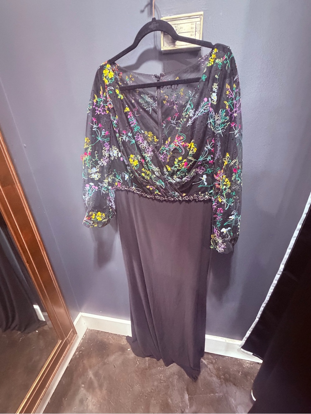 Mac Duggal Black Long Sleeve Floral Embroidered Evening Gown